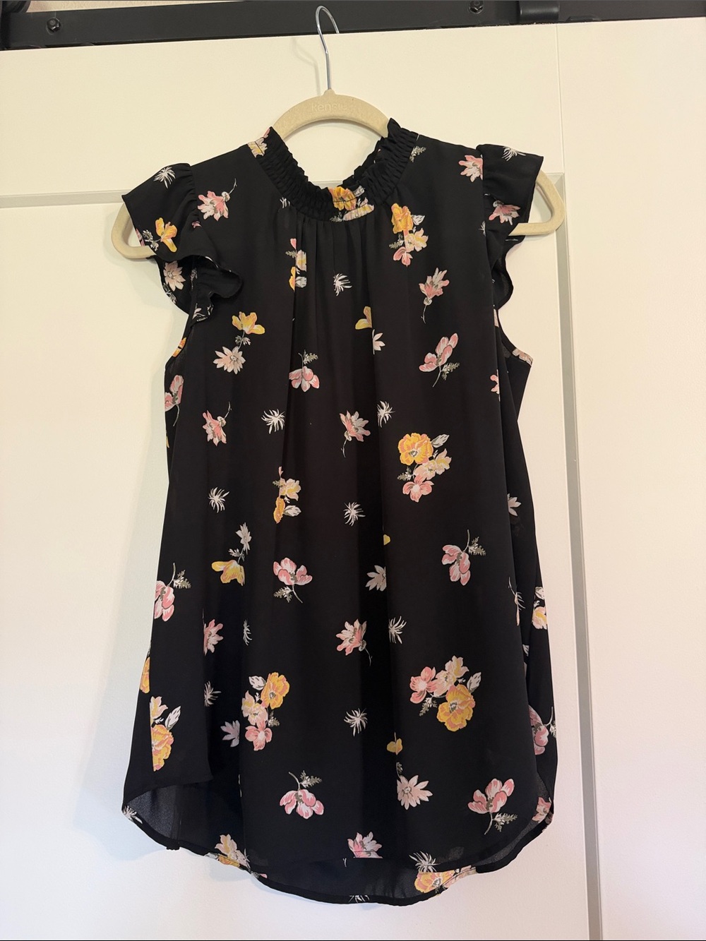 LOFT Black Floral Smocked-Neck Flutter Sleeve Blouse